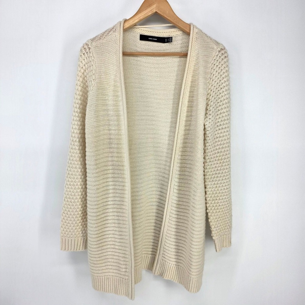 Vero Moda Open Front Cardigan Womens S Cream Purl Knit VMSURFPURL LS Longline